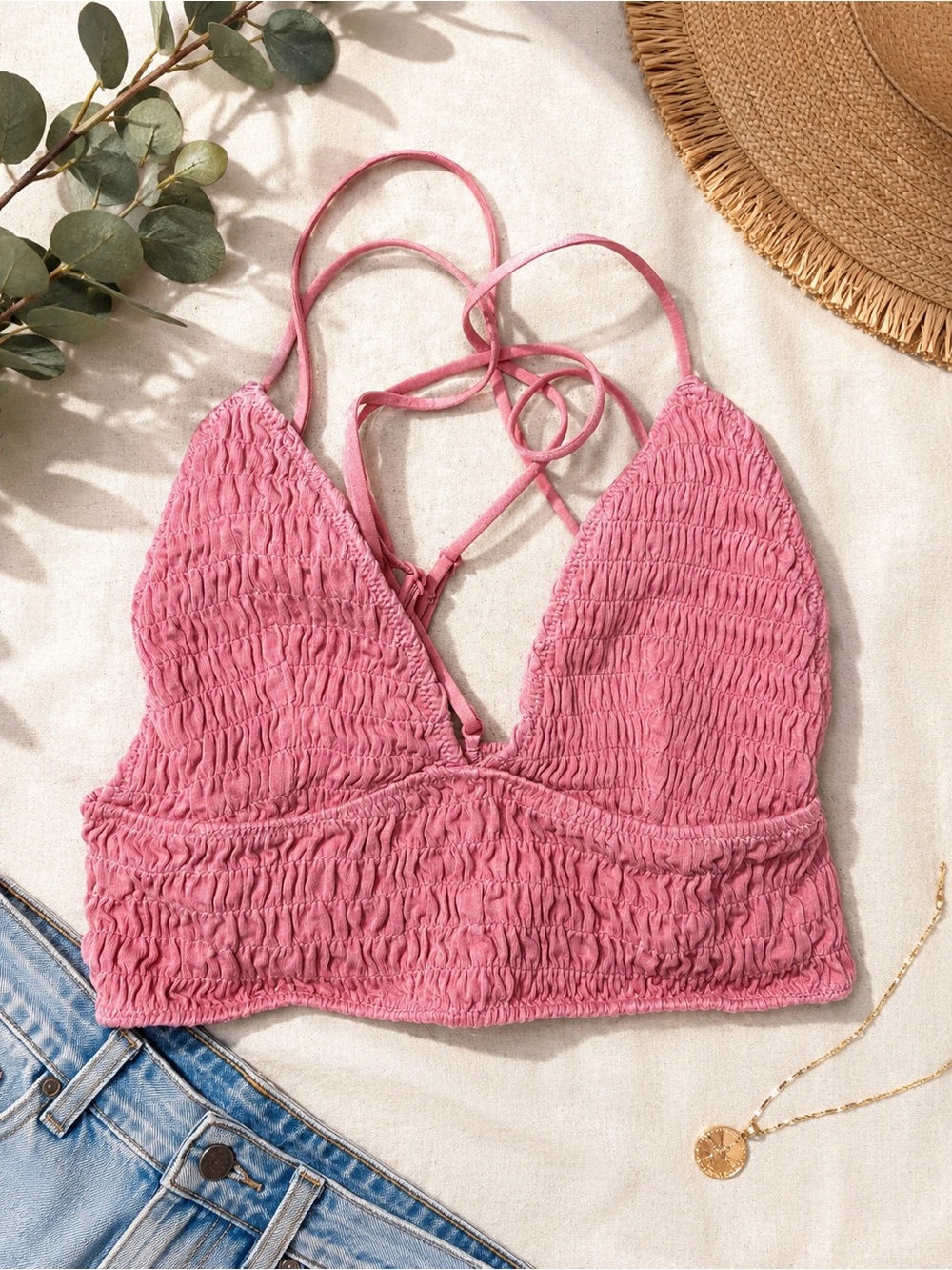 Victoria’s Secret PINK Smocked Bralette Pink Strappy Longline Crop Top Y2K Boho